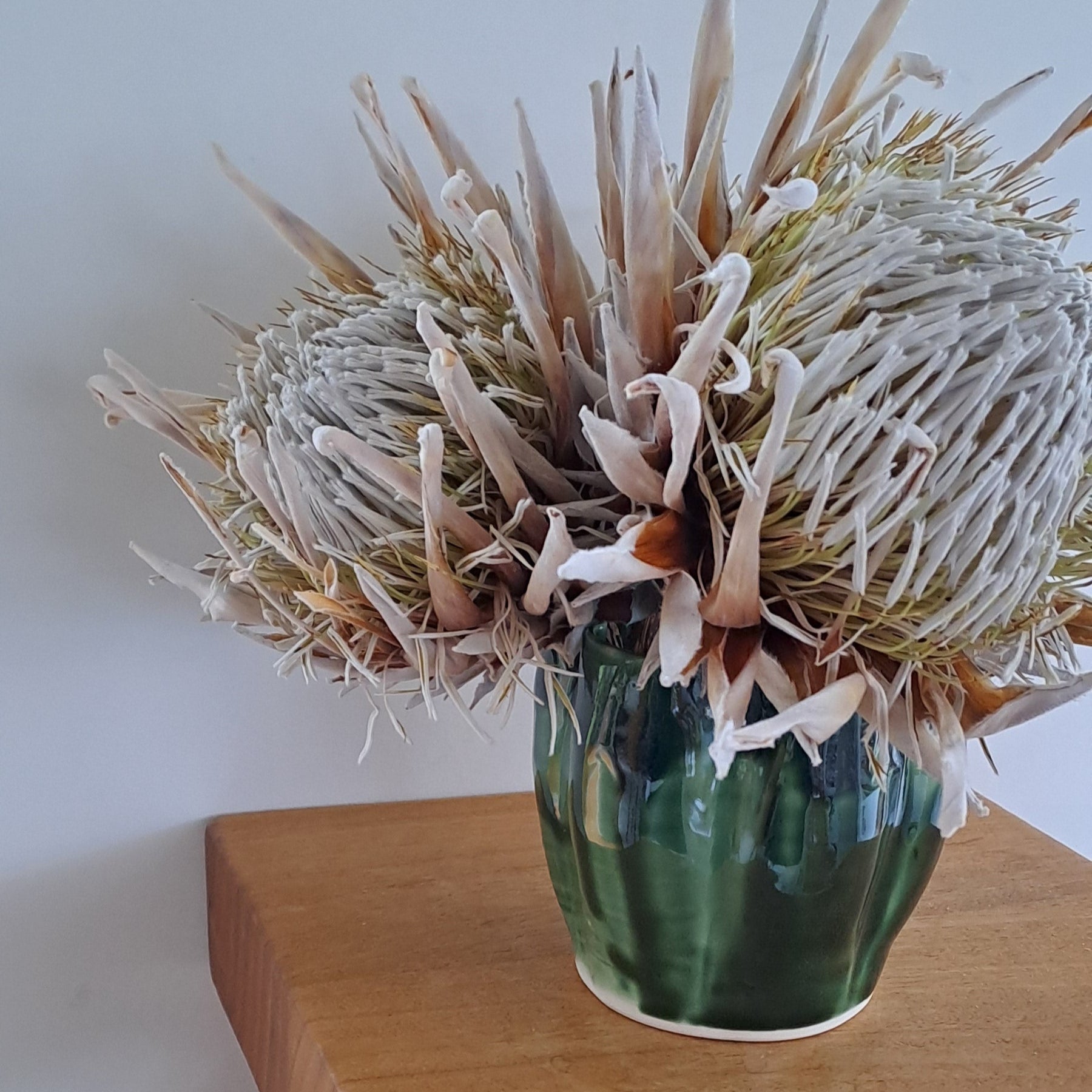 Green ceramic vase with protea on a wooden surface with a white background